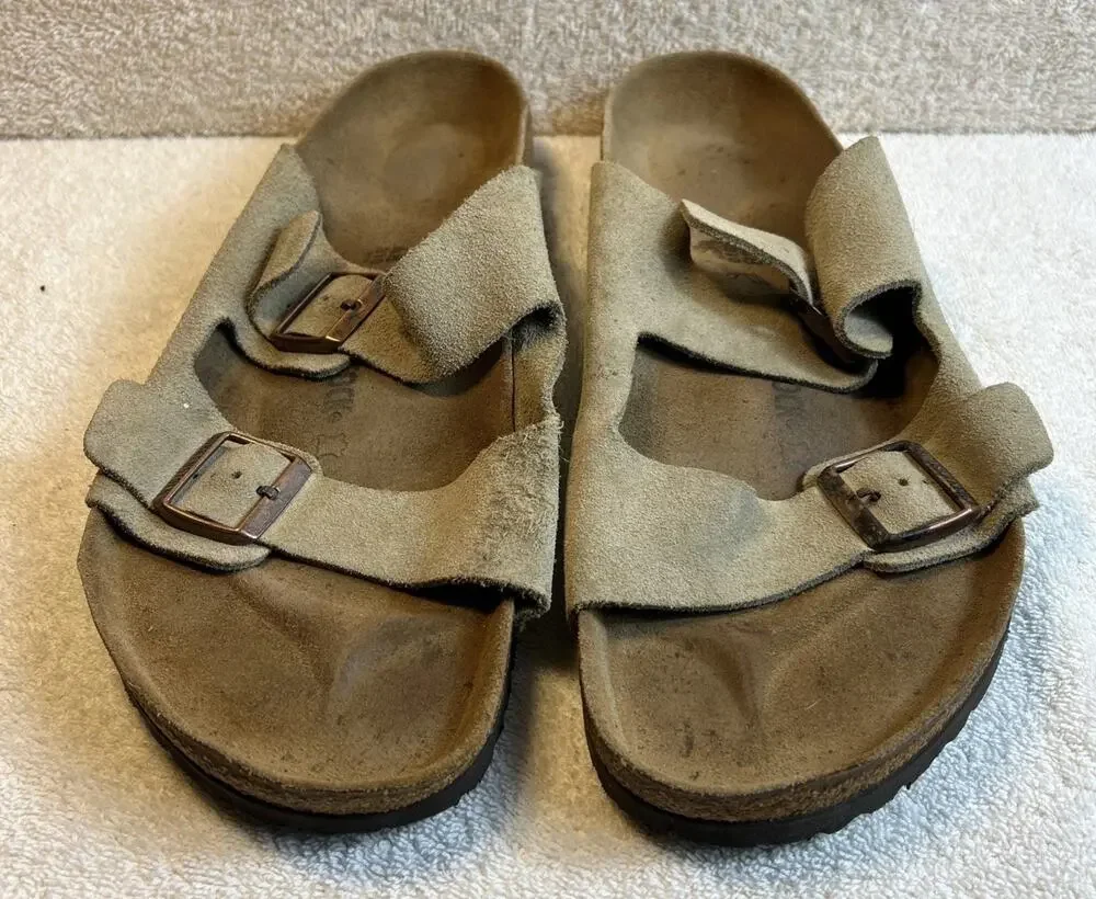 Birkenstock Arizona Tan Grey Soft Footbed Suede Leather Sandals Men Size 48/15